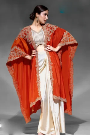 Cream Crepe Embroidered Skirt Top With Orange Cape 2682
