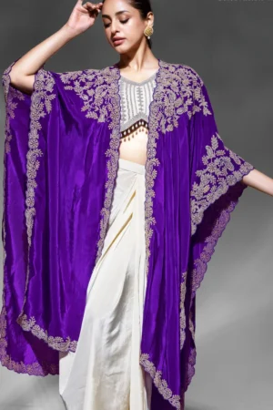 Cream Crepe Embroidered Skirt Top With Purple Cape 2681 (1)