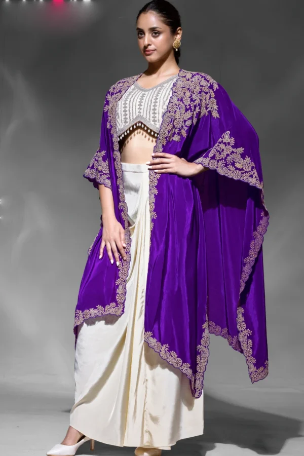Cream Crepe Embroidered Skirt Top With Purple Cape 2681