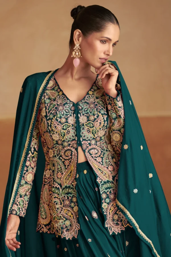 Green Embroidered Chinon Jacket Palazzo Suit 7549B 1