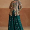 Green Embroidered Chinon Jacket Palazzo Suit 7549B
