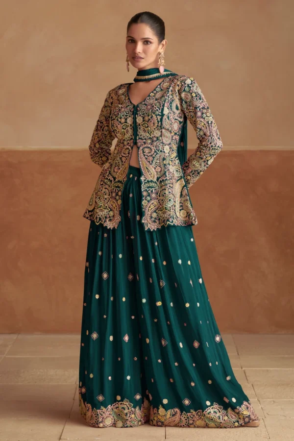 Green Embroidered Chinon Jacket Palazzo Suit 7549B