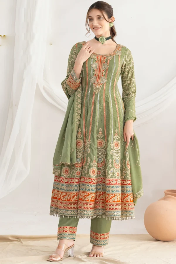 Green Embroidered HO Silk Salwar Suit   2772