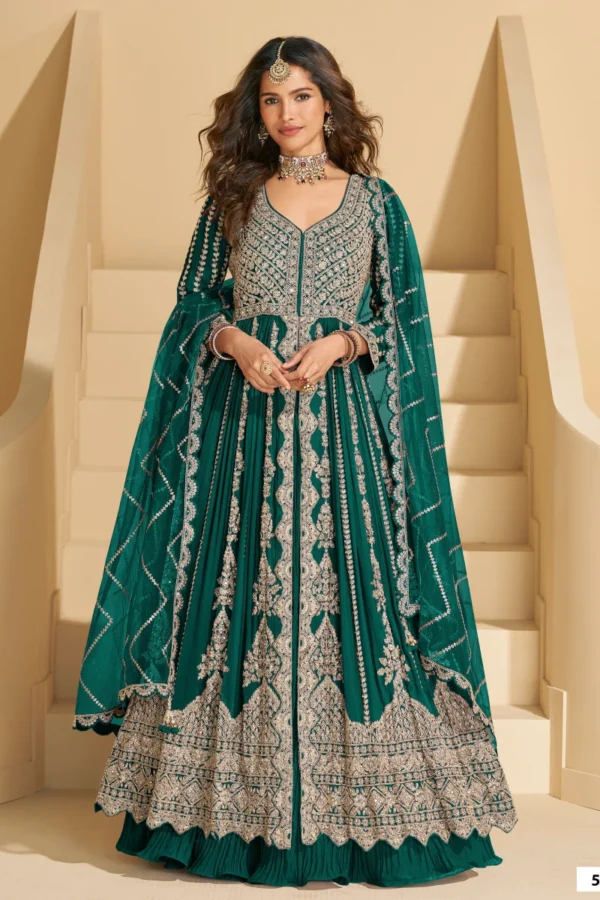 Green Heavy Embroiderd Chinon Anarkali Lehenga