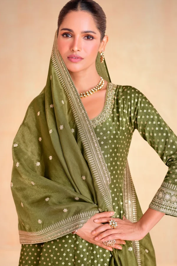 Green Jacquard Silk Emnroidered Gown 29657 1