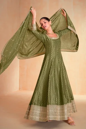 Green Jacquard Silk Emnroidered Gown 29657