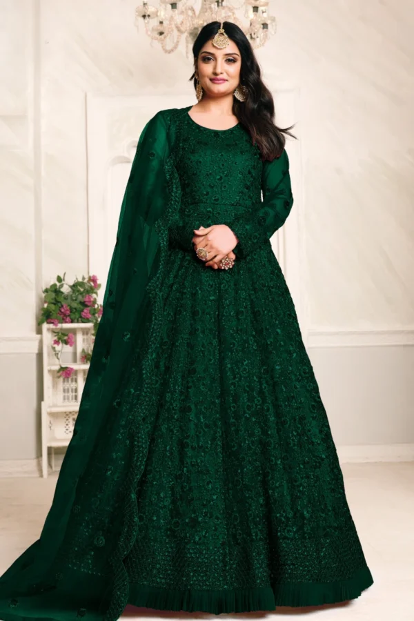 Green Net Embroidered Anarkali Gown 2102