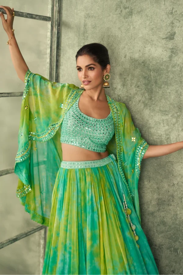 Green Tie Dye Georgette Mirror Work Lehenga 1002 1