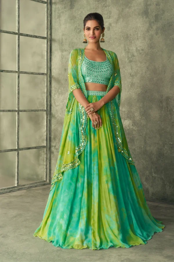 Green Tie Dye Georgette Mirror Work Lehenga 1002
