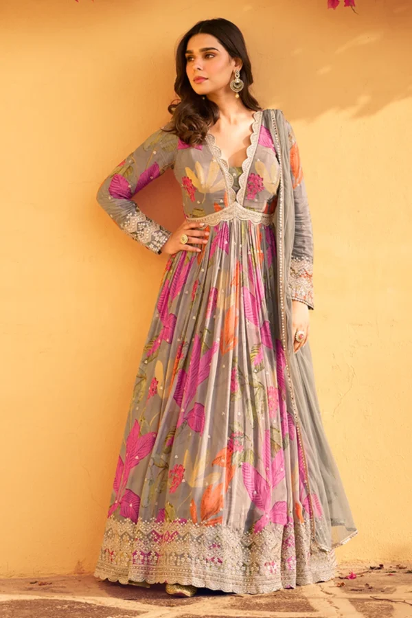 Grey Leaf Printed Chinon Embroidered Gown 5751