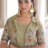 Mehendi Green Vichitra Silk Anarkali Gown With Jacket (1)