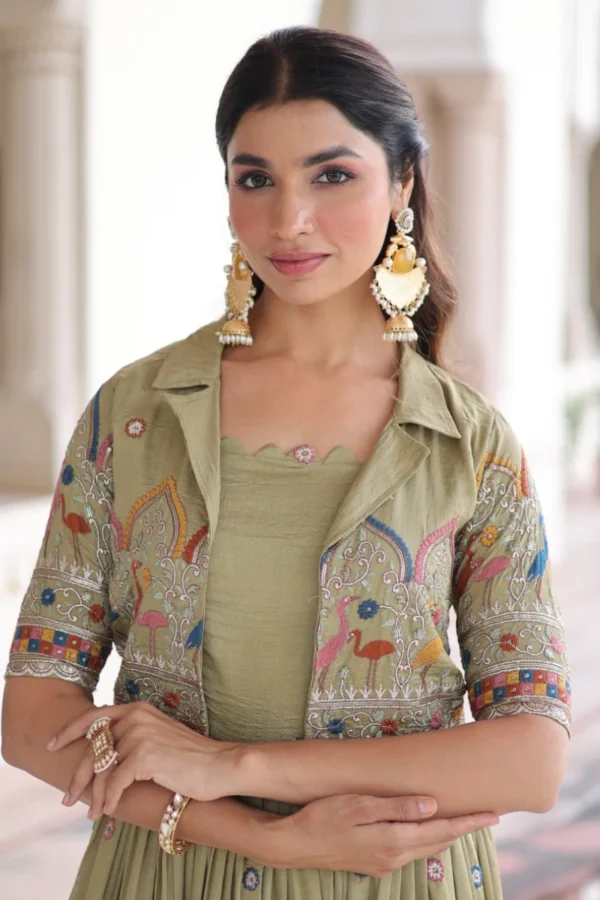 Mehendi Green Vichitra Silk Anarkali Gown With Jacket (1)
