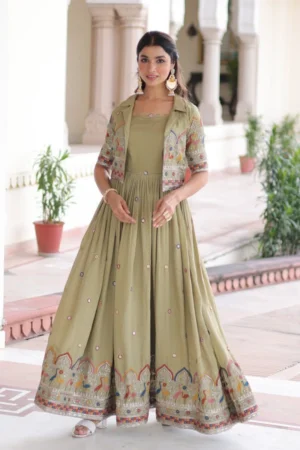 Mehendi Green Vichitra Silk Anarkali Gown With Jacket