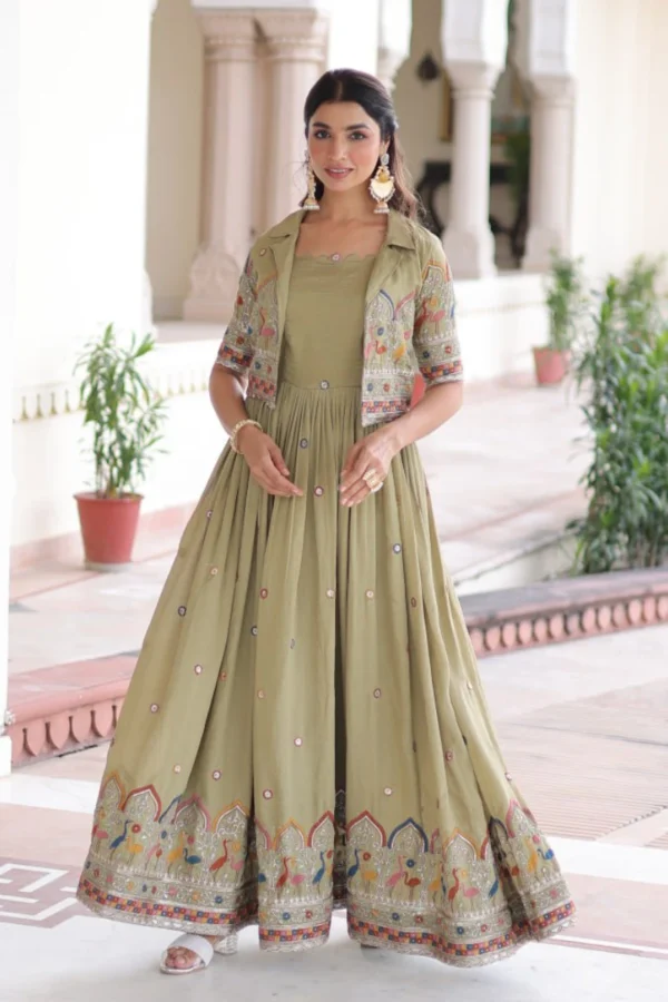 Mehendi Green Vichitra Silk Anarkali Gown With Jacket