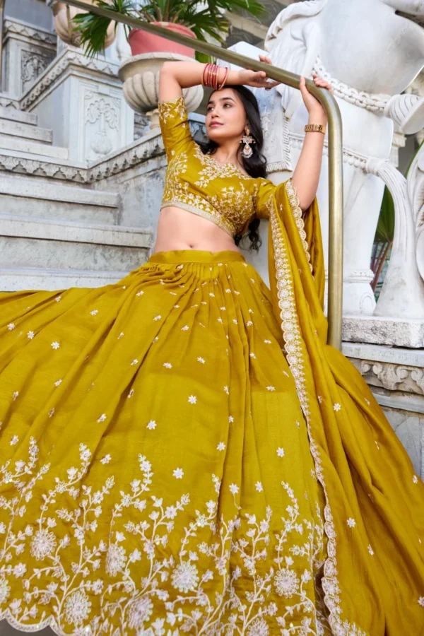 Olive Yellow Vichitra Silk Lehenga Choli (2)