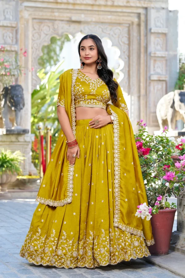 Olive Yellow Vichitra Silk Lehenga Choli