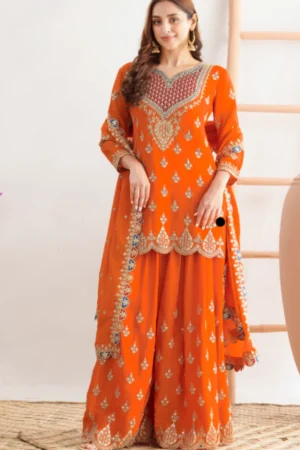 Orange Chinon Embroidered Palazzo Suit  