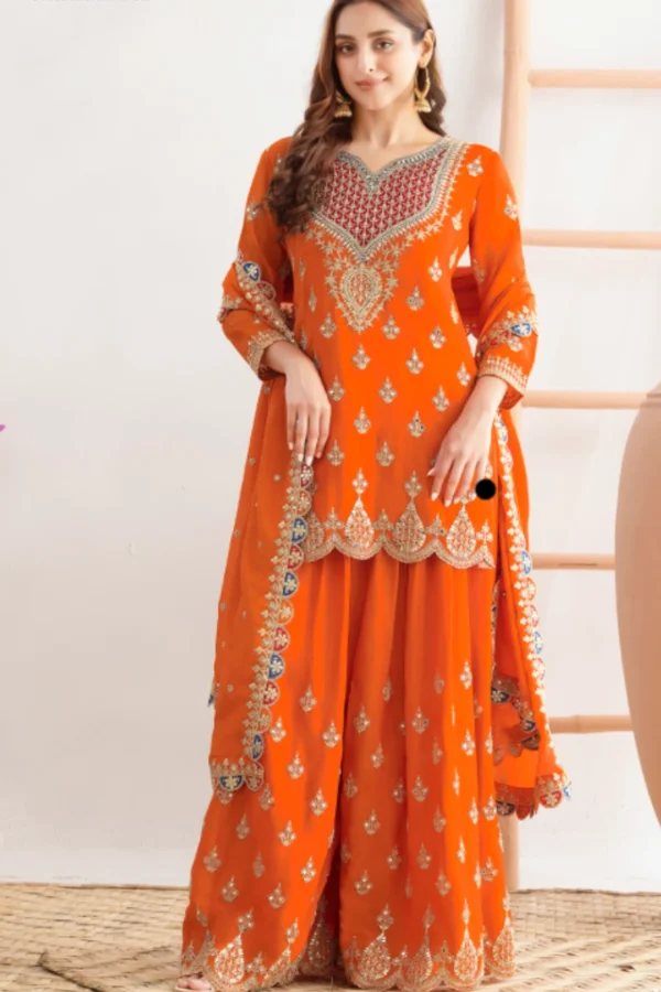 Orange Chinon Embroidered Palazzo Suit  