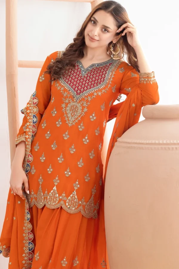 Orange Chinon Embroidered Palazzo Suit   (1)