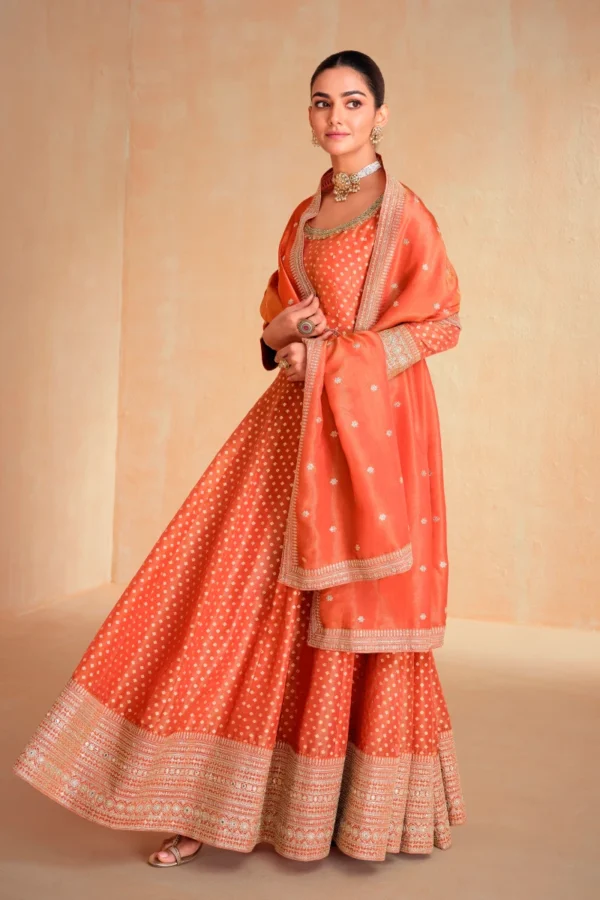Orange Jacquard Silk Emnroidered Gown 29658