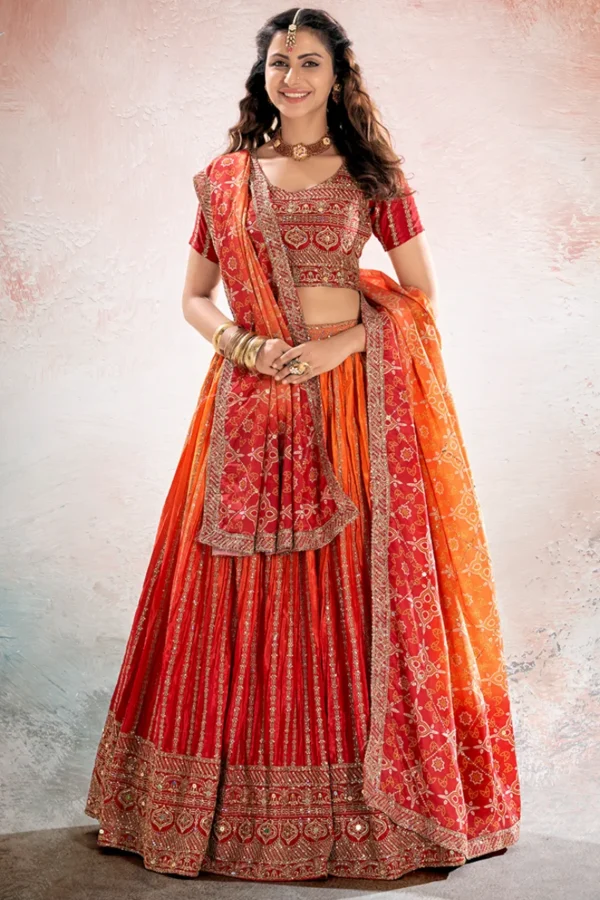 Orange Ombre Embroidered Chinon Lehenga Choli