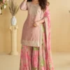 Pink Chinon Embroidered Palazzo Suit