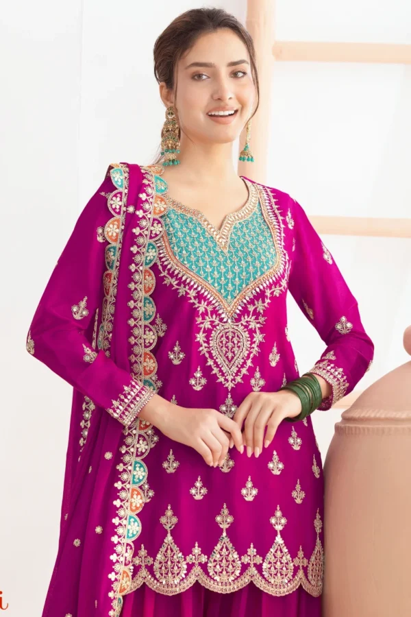 Pink Chinon Embroidered Palazzo Suit  1901 (1)