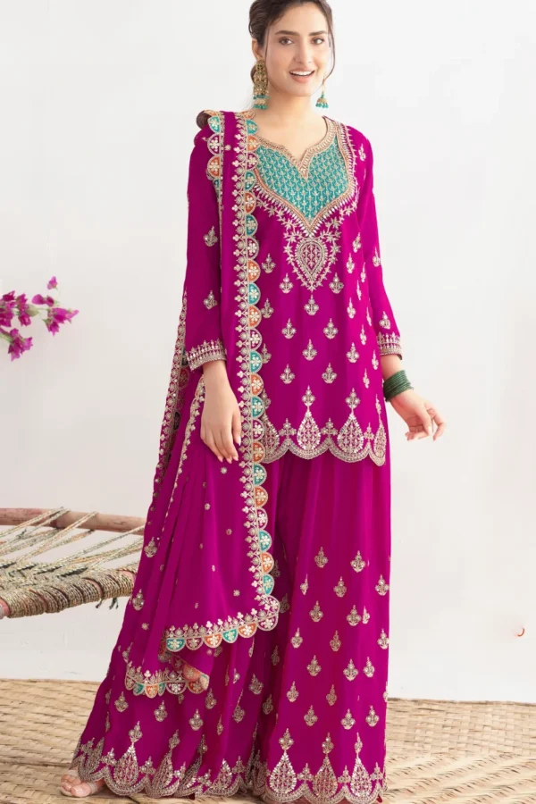 Pink Chinon Embroidered Palazzo Suit  1901