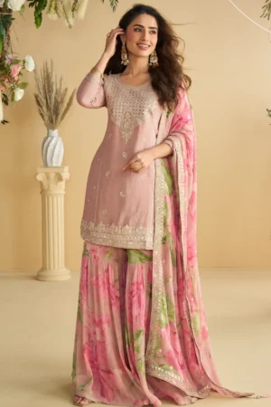 Pink Chinon Embroidered Palazzo Suit