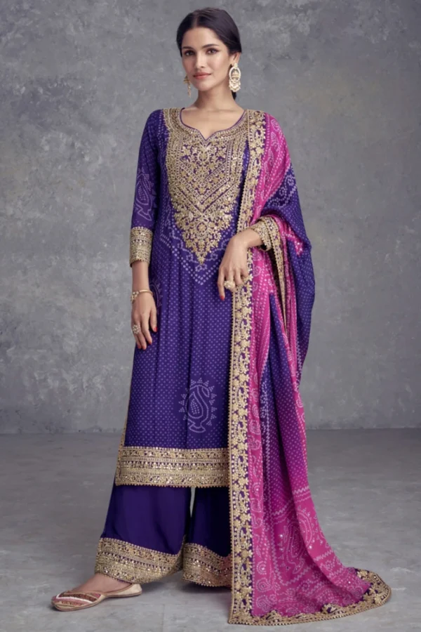Purple Bandhej Chinon Embroidered Palazzo Suit
