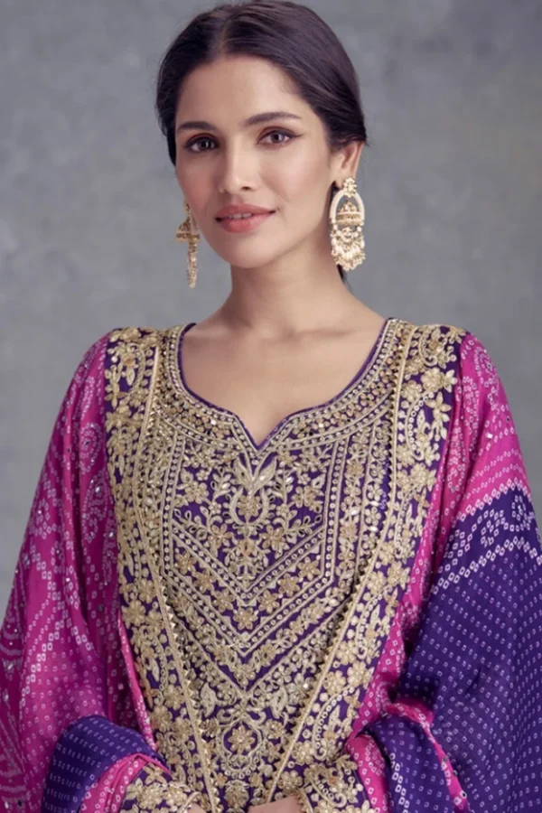 Purple Bandhej Chinon Embroidered Palazzo Suit 1