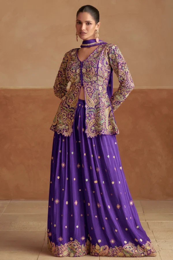 Purple Embroidered Chinon Jacket Palazzo Suit 7549C