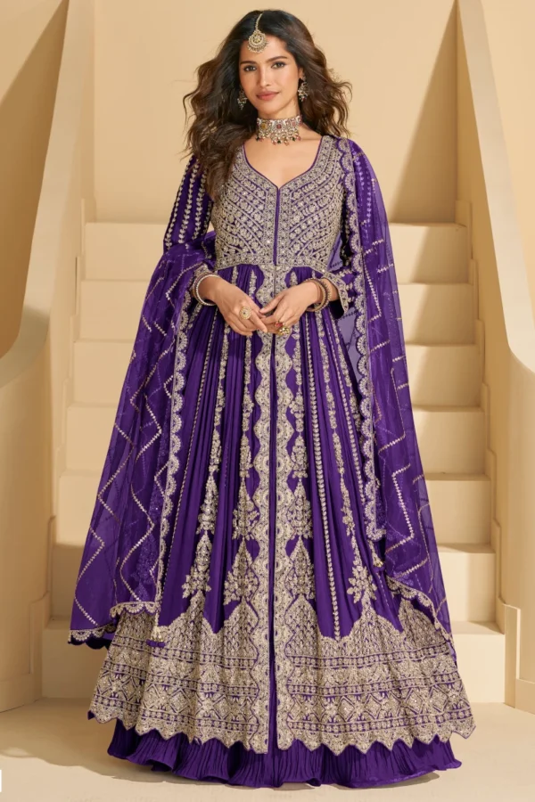 Purple Heavy Embroiderd Chinon Anarkali Lehenga