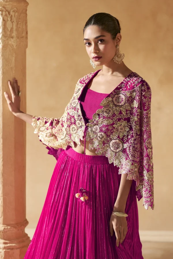 Rani Pink Chinon Lehenga Choli With Embroidered Cape 5503 1 1