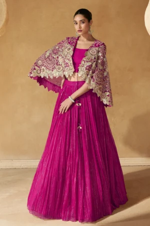 Rani Pink Chinon Lehenga Choli With Embroidered Cape 5503