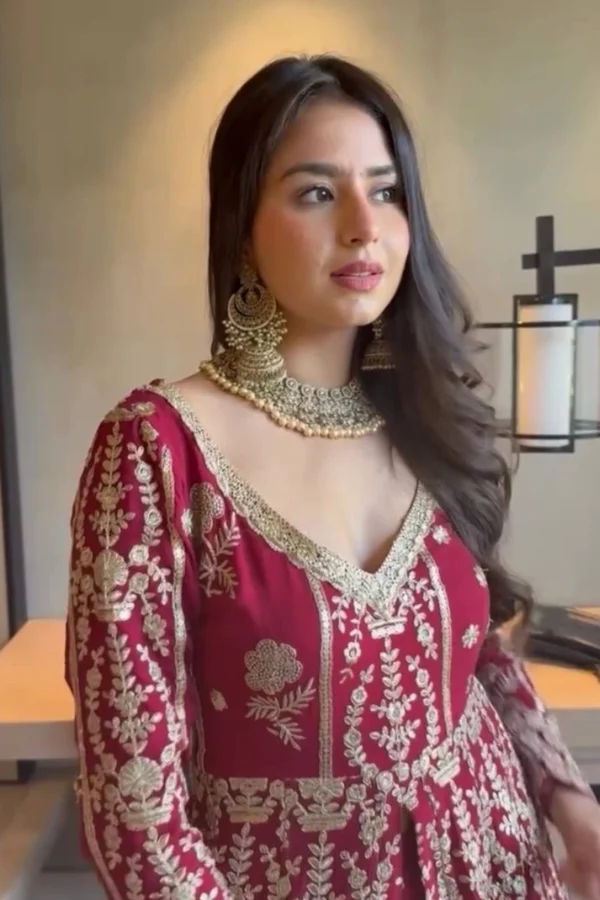 Rani Pink Emboidered Faux Georgette Anarkali Lehenga (1)