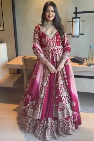 Rani Pink Emboidered Faux Georgette Anarkali Lehenga