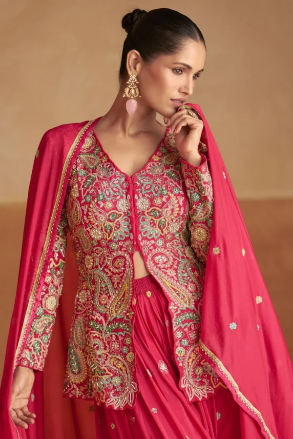 Red Embroidered Chinon Jacket Palazzo Suit 7549A 1