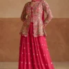 Red Embroidered Chinon Jacket Palazzo Suit 7549A