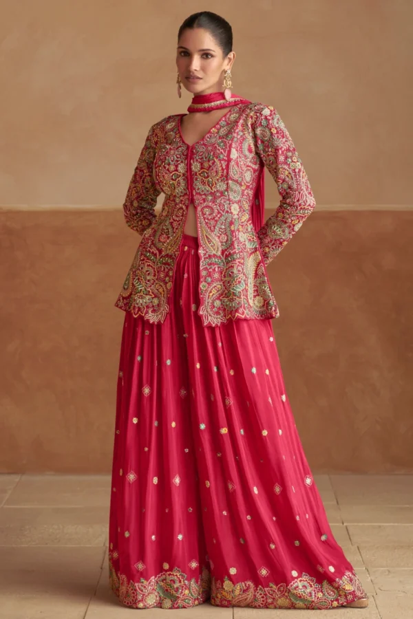 Red Embroidered Chinon Jacket Palazzo Suit 7549A