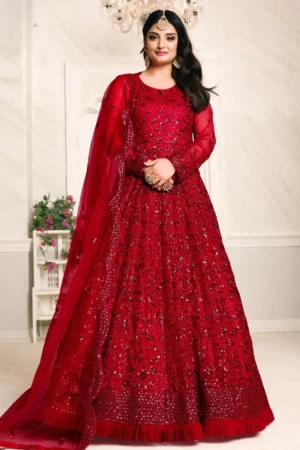 Red Net Embroidered Anarkali Gown 2104