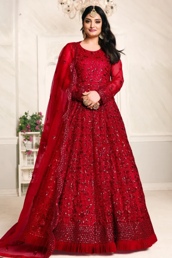 Red Net Embroidered Anarkali Gown 2104