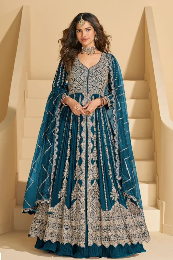 Teal Heavy Embroiderd Chinon Anarkali Lehenga