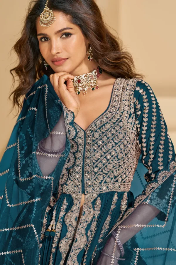 Teal Heavy Embroiderd Chinon Anarkali Lehenga. 1webp