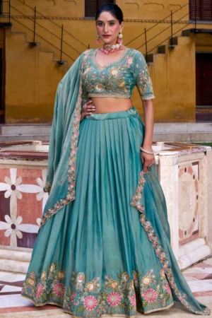 Turquoise Blue Shimmar Silk Lehenga Choli