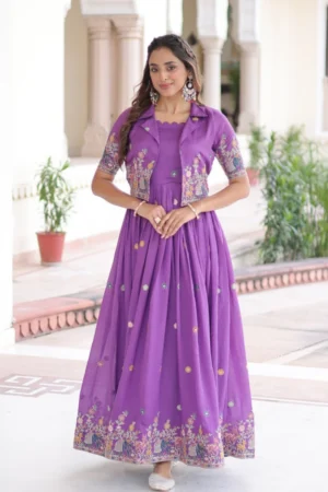 Violet Vichitra Silk Anarkali Gown With Jacket
