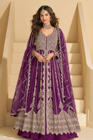 Wine Heavy Embroiderd Chinon Anarkali Lehenga