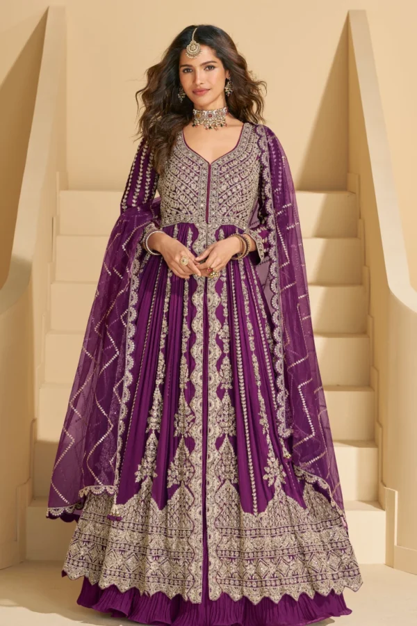 Wine Heavy Embroiderd Chinon Anarkali Lehenga