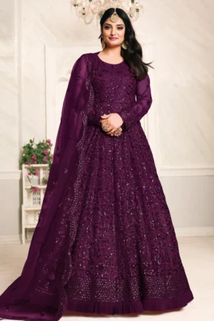 Wine Net Embroidered Anarkali Gown 2103