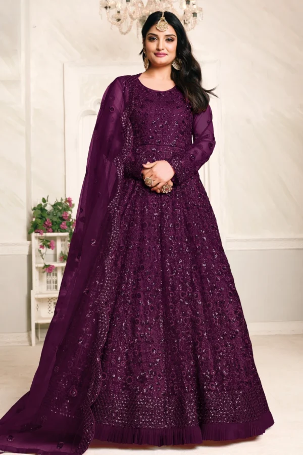 Wine Net Embroidered Anarkali Gown 2103